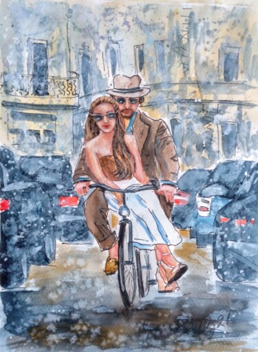 Pittura intitolato "City. Cycling" da Oksana Zolotova, Opera d'arte originale, Acquarello