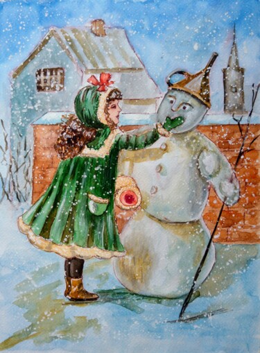 Painting titled "A girl and a snowman" by Oksana Zolotova, Original Artwork, Watercolor
