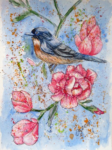 Painting titled "A bird and a sprig…" by Oksana Zolotova, Original Artwork, Watercolor