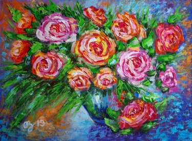 「Roses. Bright mood」というタイトルの絵画 Oksana Zolotovaによって, オリジナルのアートワーク, オイル 段ボールにマウント