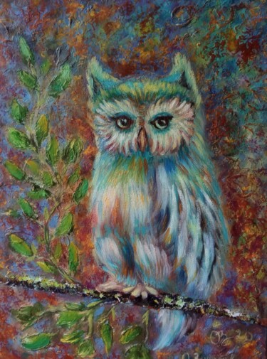 Painting titled "Wise Owl" by Oksana Zolotova, Original Artwork, Oil Mounted on Cardboard
