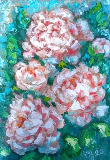 Painting titled "Peonies in a nearby…" by Oksana Zolotova, Original Artwork, Oil
