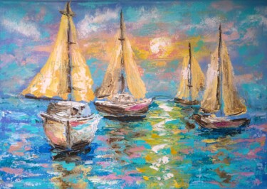 Картина под названием "Seascape. Sailboats" - Oksana Zolotova, Подлинное произведение искусства, Масло Установлен на Деревян…
