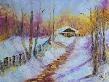 Painting titled "House by the forest" by Oksana Zolotova, Original Artwork, Oil Mounted on Wood Stretcher frame