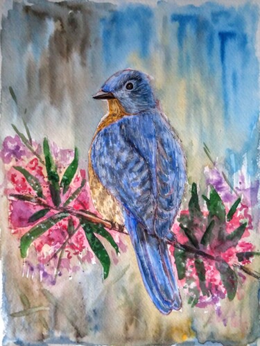 Malerei mit dem Titel "Oiseau bleu" von Oksana Zolotova, Original-Kunstwerk, Aquarell