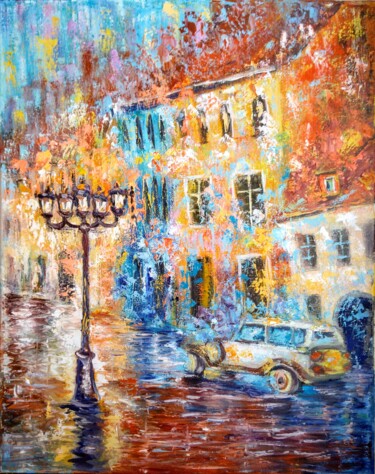 Картина под названием "City. Rain. Night l…" - Oksana Zolotova, Подлинное произведение искусства, Масло Установлен на Деревя…