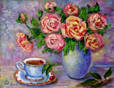 Painting titled "The scent of roses…" by Oksana Zolotova, Original Artwork, Oil Mounted on Wood Panel
