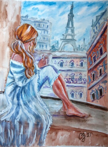 Картина под названием "Window to Paris" - Oksana Zolotova, Подлинное произведение искусства, Акварель