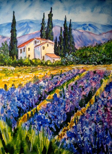 Painting titled "Lavender fields" by Oksana Zolotova, Original Artwork, Watercolor