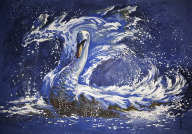 Painting titled "Белый лебедь" by Oksana Pritula, Original Artwork, Watercolor