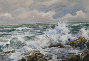 Painting titled "The waves" by Oksana Pritula, Original Artwork, Watercolor
