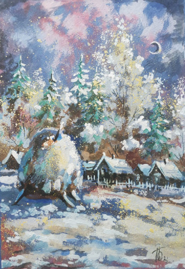 Schilderij getiteld "Winter Village Acry…" door Oksana Pritula, Origineel Kunstwerk, Acryl