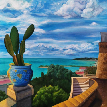 Painting titled "Cactus seaview. Sic…" by Oksana Evteeva, Original Artwork, Oil Mounted on Wood Stretcher frame