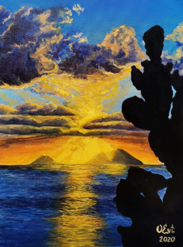 Cactus. Sunset. Seascape, original oil painting, gift art, m Peinture intitulée "Cactus. Sunset. Sea…" par Oksana Evteeva, Œuvre d'art originale, Huile Monté sur Châssis