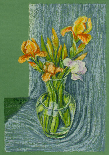 Dessin intitulée "Yellow irises" par Oksana Muzyka, Œuvre d'art originale, Pastel