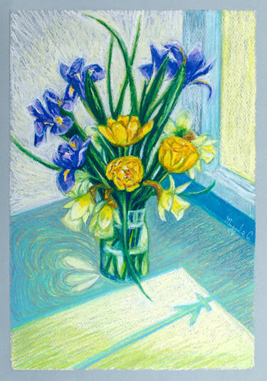 Dessin intitulée "Irises and tulips" par Oksana Muzyka, Œuvre d'art originale, Pastel