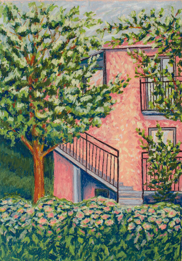 Dibujo titulada "Hidden peach house…" por Oksana Muzyka, Obra de arte original, Pastel
