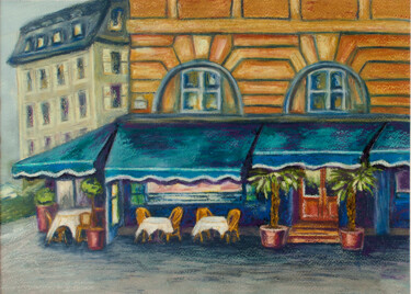 Drawing titled "Cafe in Paris" by Oksana Muzyka, Original Artwork, Pastel