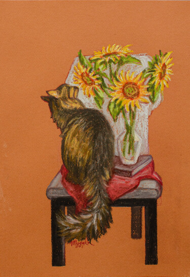Рисунок под названием "Cat in sunflowers" - Oksana Muzyka, Подлинное произведение искусства, Пастель