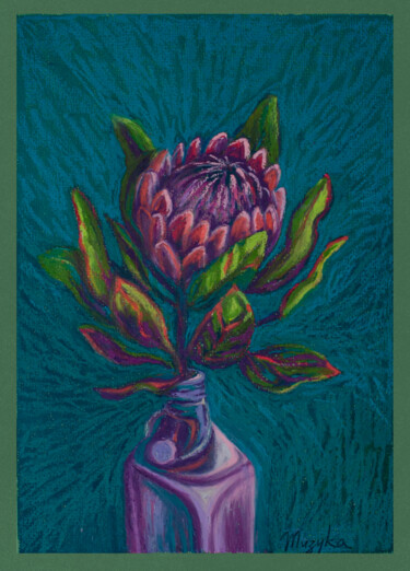 Drawing titled "Protea on teal" by Oksana Muzyka, Original Artwork, Pastel