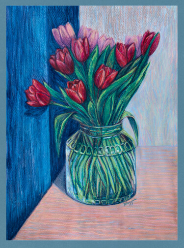 Drawing titled "Tulips in february" by Oksana Muzyka, Original Artwork, Pastel