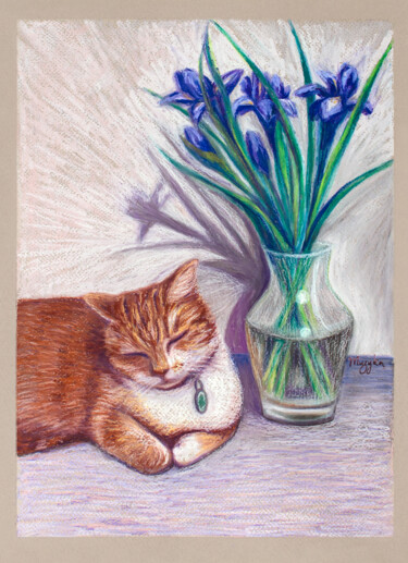Dibujo titulada "Irises and red cat" por Oksana Muzyka, Obra de arte original, Pastel