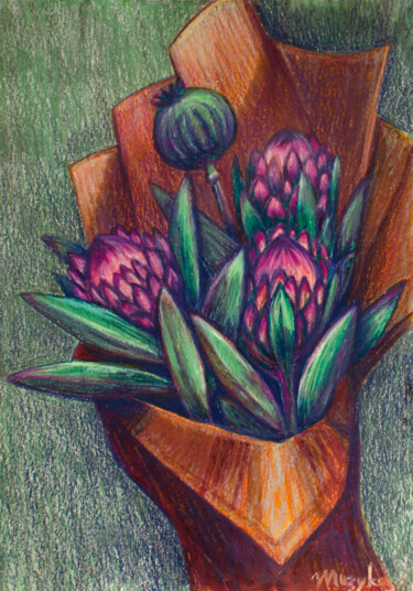 Zeichnungen mit dem Titel "Protea and poppy" von Oksana Muzyka, Original-Kunstwerk, Pastell