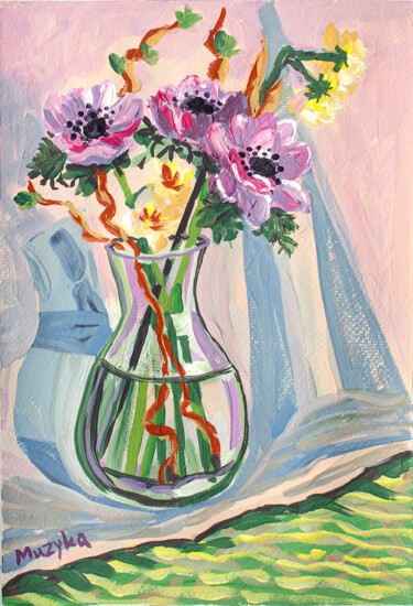 Drawing titled "Anemone in vase" by Oksana Muzyka, Original Artwork, Gouache