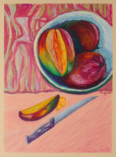 Disegno intitolato "Mango plate" da Oksana Muzyka, Opera d'arte originale, Pastello