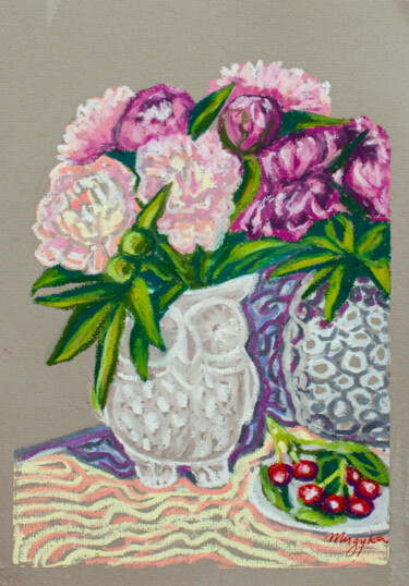 Drawing titled "Peonies in the midd…" by Oksana Muzyka, Original Artwork, Pastel