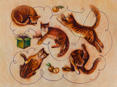 Zeichnungen mit dem Titel "Red cats" von Oksana Muzyka, Original-Kunstwerk, Pastell