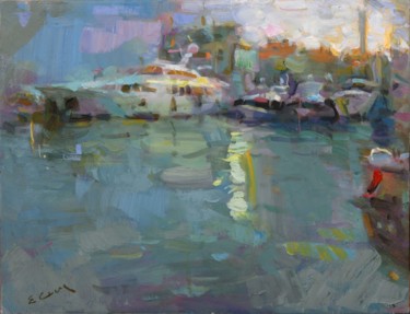 Peinture intitulée "Twilight in the port" par Eugene Segal, Œuvre d'art originale, Huile