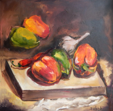 Painting titled "Forgotten peppers" by Oksana Zubok, Original Artwork, Oil