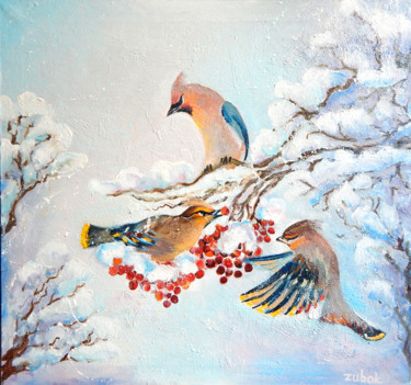 Painting titled "Cedar Waxwing" by Oksana Zubok, Original Artwork, Oil