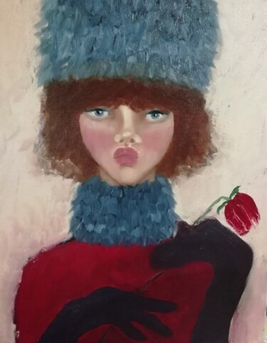 Картина под названием "Девушка с цветком" - Ольга Белоусова, Подлинное произведение искусства, Масло