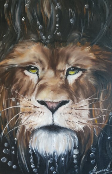 Pintura intitulada "Lion" por Olga Tsimborovich, Obras de arte originais, Óleo Montado em Armação em madeira