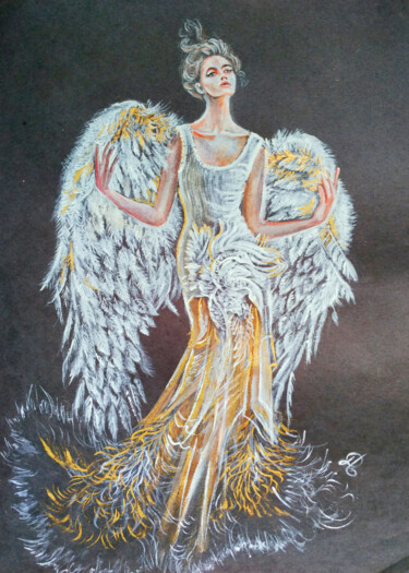 Drawing titled "Ангел на черном" by Olga Denisiuk, Original Artwork, Watercolor
