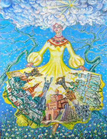 Painting titled "Kiev girl in yellow…" by Olga Denisiuk, Original Artwork, Oil