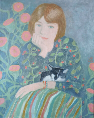 Painting titled ""Girl with a cat"" by Olga Gordienok, Original Artwork, Oil