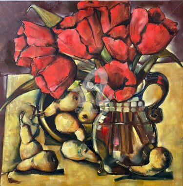 Картина под названием "Красные тюльпаны" - Ольга Ковальчук, Подлинное произведение искусства, Масло