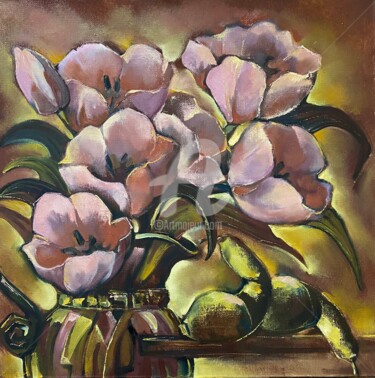 Картина под названием "Тюльпаны в кувшине" - Ольга Ковальчук, Подлинное произведение искусства, Масло