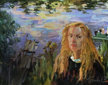 Malerei mit dem Titel "Вечер у реки,evenin…" von Olga Puzanova, Original-Kunstwerk, Öl