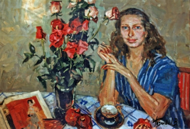 Malerei mit dem Titel "Утренний чай" von Olga Puzanova, Original-Kunstwerk, Öl