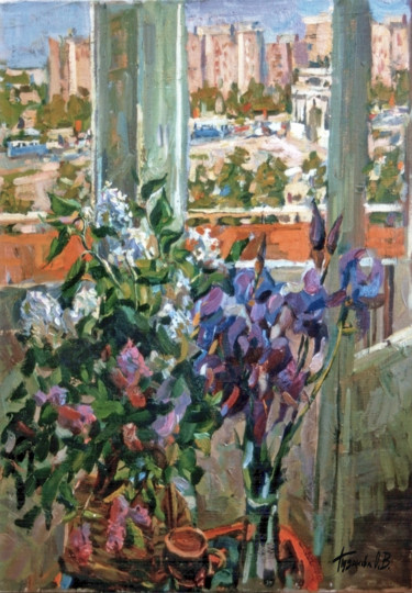 Картина под названием "Interior with irises" - Ольга Пузанова, Подлинное произведение искусства, Масло