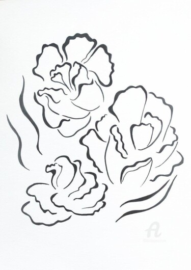 Disegno intitolato "Black flowers" da Olga Kirina, Opera d'arte originale, Pennarello