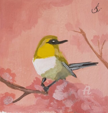 Painting titled "Yellow bird in pink" by Olga Kirina, Original Artwork, Gouache