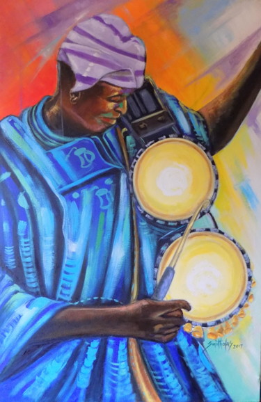 Malerei mit dem Titel "Traditional Drummer" von Olaoluwa Smith, Original-Kunstwerk, Acryl
