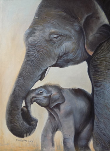 Pintura intitulada "Elepant and Calf" por Olaoluwa Smith, Obras de arte originais, Óleo