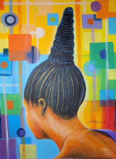 Schilderij getiteld "Traditional-hair-st…" door Olaoluwa Smith, Origineel Kunstwerk, Acryl