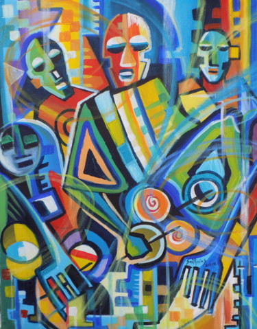 Painting titled "Abstract-Drummers" by Olaoluwa Smith, Original Artwork, Acrylic